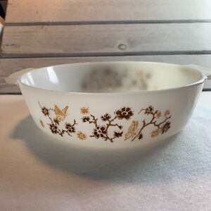 Vintage Pyrex / Termo-Ray Brown‎ Floral Milk Glass Casserole Dish 9 inch 60s 70s